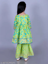Lime green cotton floral print Anarkali/Flared Kurta & Sharara Set for girls. Soft, breathable, and comfortable clothing set with three-quarter sleeves. Perfect casual wear in various sizes (2yrs-14yrs). Made in India